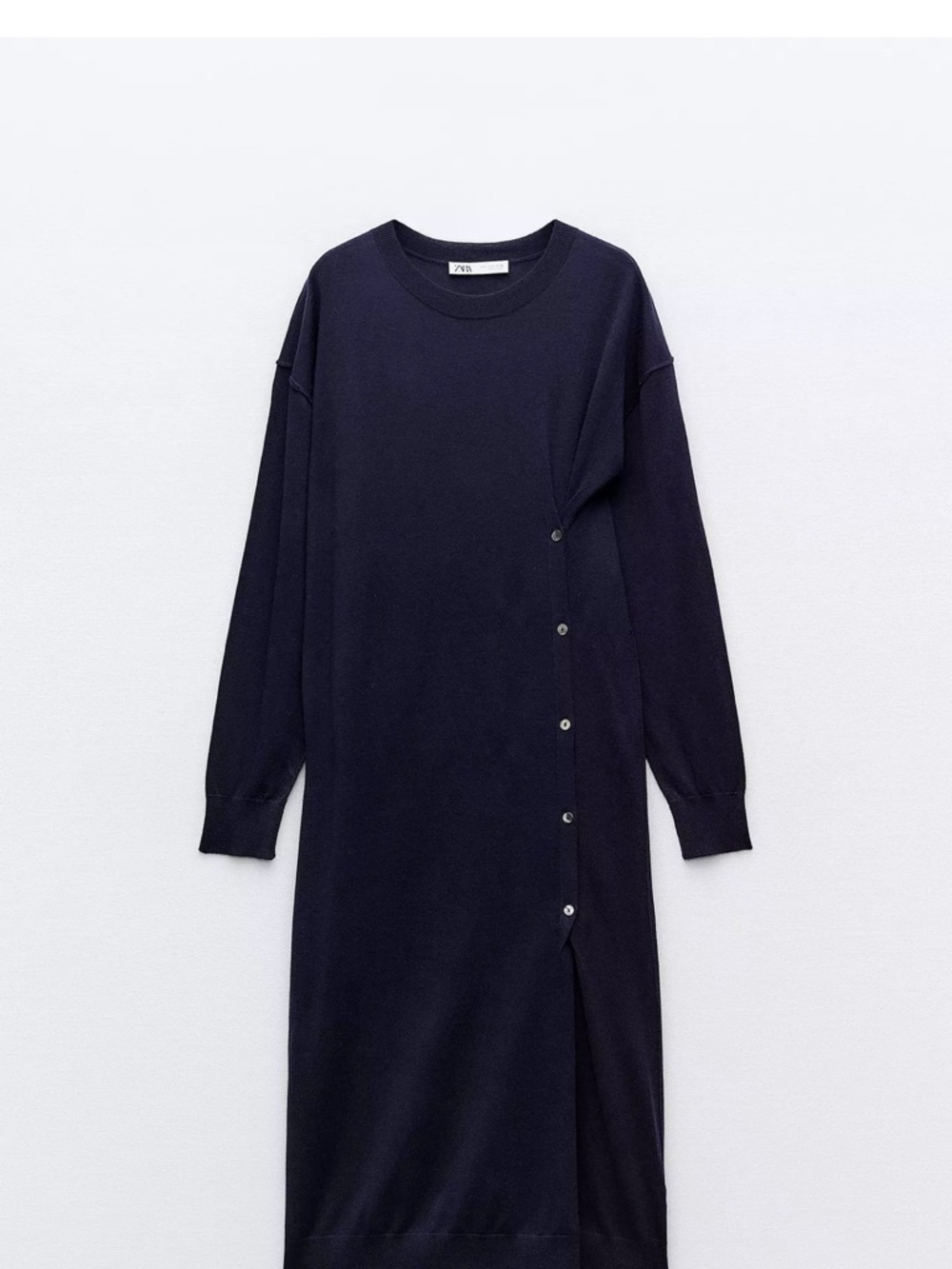 Zara Dark Navy Long-Sleeve Button-Trim Knit Dress